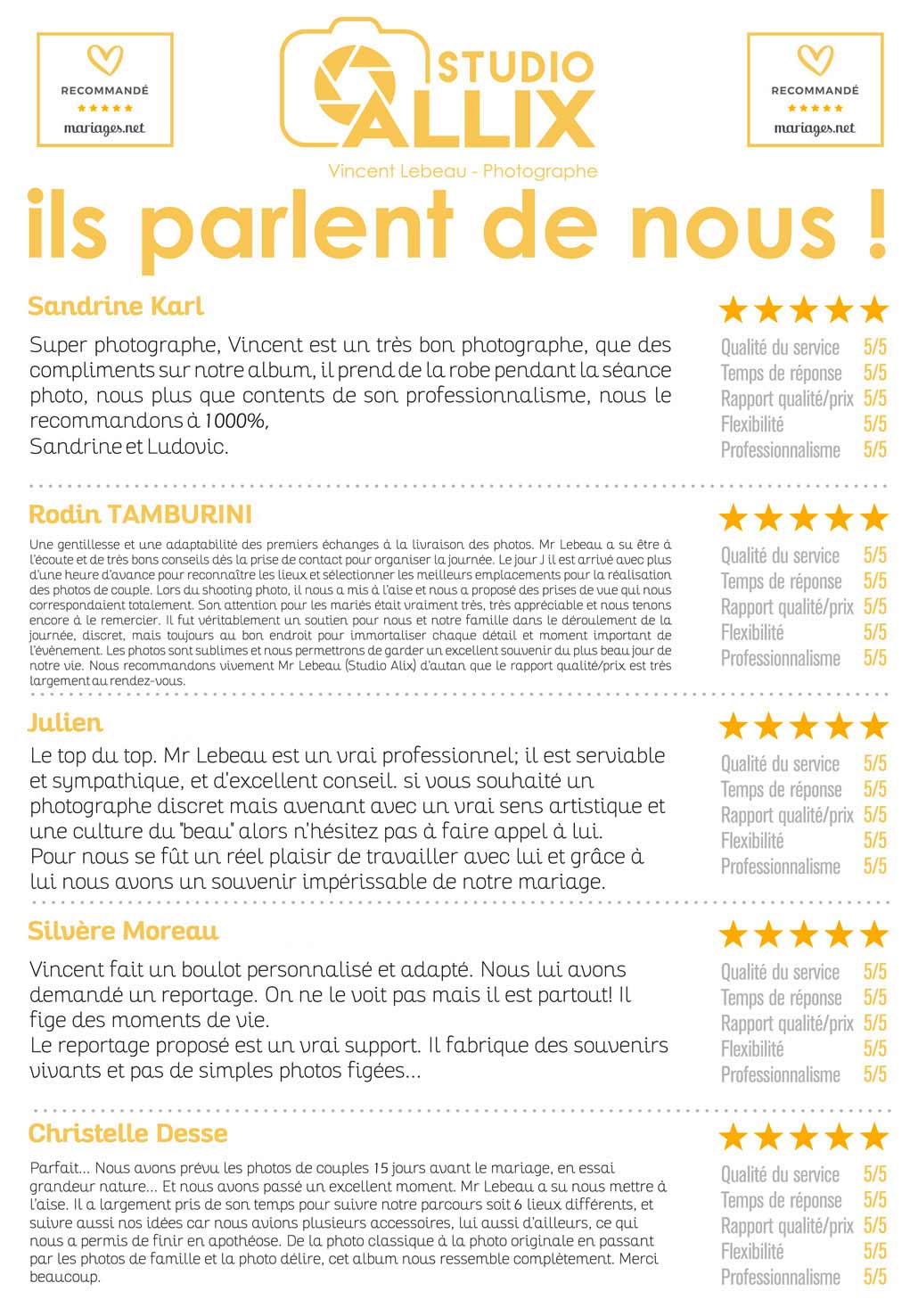 Avis client Studio Allix - Vincent Lebeau Mariages.net